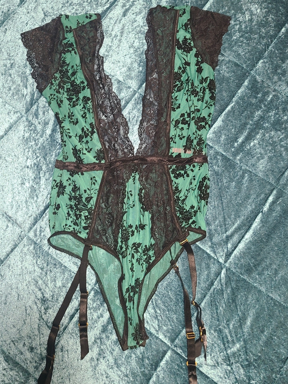 Secret Treasures Green and Black Lace Plunge Teddy with Garter Straps